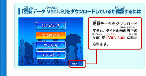 ●「更新データ」をダウンロードしているか確認するには
更新データをダウンロードすると、タイトル画面右下のVer.が「Ver. 1.1」と表示されます。
￼※更新データはニンテンドー3DS本体のSDカードに保存される為、大会当日は、更新データのダウンロードを行ったニンテンドー3DSを持参して下さい。