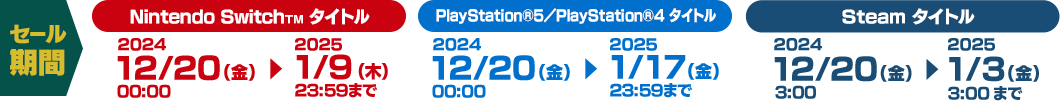 セール期間／Nintendo Switch タイトル：2024年12月20日(金)00:00 ▶ 2025年1月9日(木)23:59まで／PlayStation®5／PlayStation®4 タイトル：2024年12月20日(金)00:00 ▶ 2025年1月17日(金)23:59まで／Steam タイトル：2024年12月20日(金)3:00 ▶ 2025年1月3日(金)3:00まで